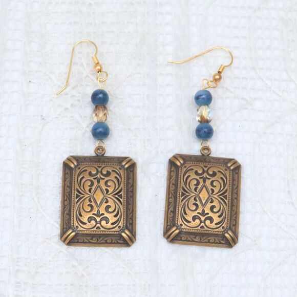Handmade Dangle Earrings with Gold Square and Beads, Lightweight Vintage Jewelry - Picture 1 of 7